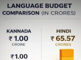 ವಿವಿಧ ಸಚಿವಾಲಯಗಳು ಮತ್ತು ಇಲಾಖೆಗಳಲ್ಲಿ ರಾಜಭಾಷಾ ಹಿಂದಿಯ ಬಳಕೆ ಮತ್ತು ಪ್ರಚಾರಕ್ಕಾಗಿ ವಾರ್ಷಿಕ ಭಾಷಾ ಬಜೆಟ್ ಕನ್ನಡಕ್ಕೆ ಒಂದು ಕೋಟಿ. ಹಿಂದಿಗೆ 65.57 ಕೋಟಿಗಳು!!
