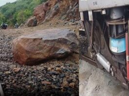 ರೈಲಿನತ್ತ ಉರುಳಿಬಂದ ಬೃಹತ್ ಬಂಡೆ..!ಲೋಕೋ ಪೈಲಟ್ಗಳ ಸಮಯಪ್ರಜ್ಞೆಯಿಂದ ತಪ್ಪಿದ ಭಾರೀ ದುರಂತ