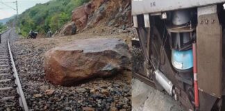 ರೈಲಿನತ್ತ ಉರುಳಿಬಂದ ಬೃಹತ್ ಬಂಡೆ..!ಲೋಕೋ ಪೈಲಟ್ಗಳ ಸಮಯಪ್ರಜ್ಞೆಯಿಂದ ತಪ್ಪಿದ ಭಾರೀ ದುರಂತ