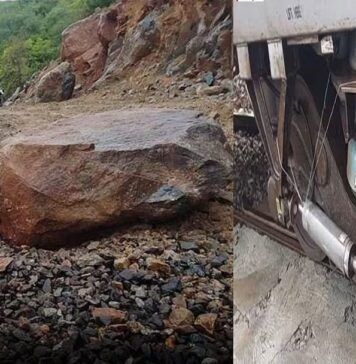 ರೈಲಿನತ್ತ ಉರುಳಿಬಂದ ಬೃಹತ್ ಬಂಡೆ..!ಲೋಕೋ ಪೈಲಟ್ಗಳ ಸಮಯಪ್ರಜ್ಞೆಯಿಂದ ತಪ್ಪಿದ ಭಾರೀ ದುರಂತ